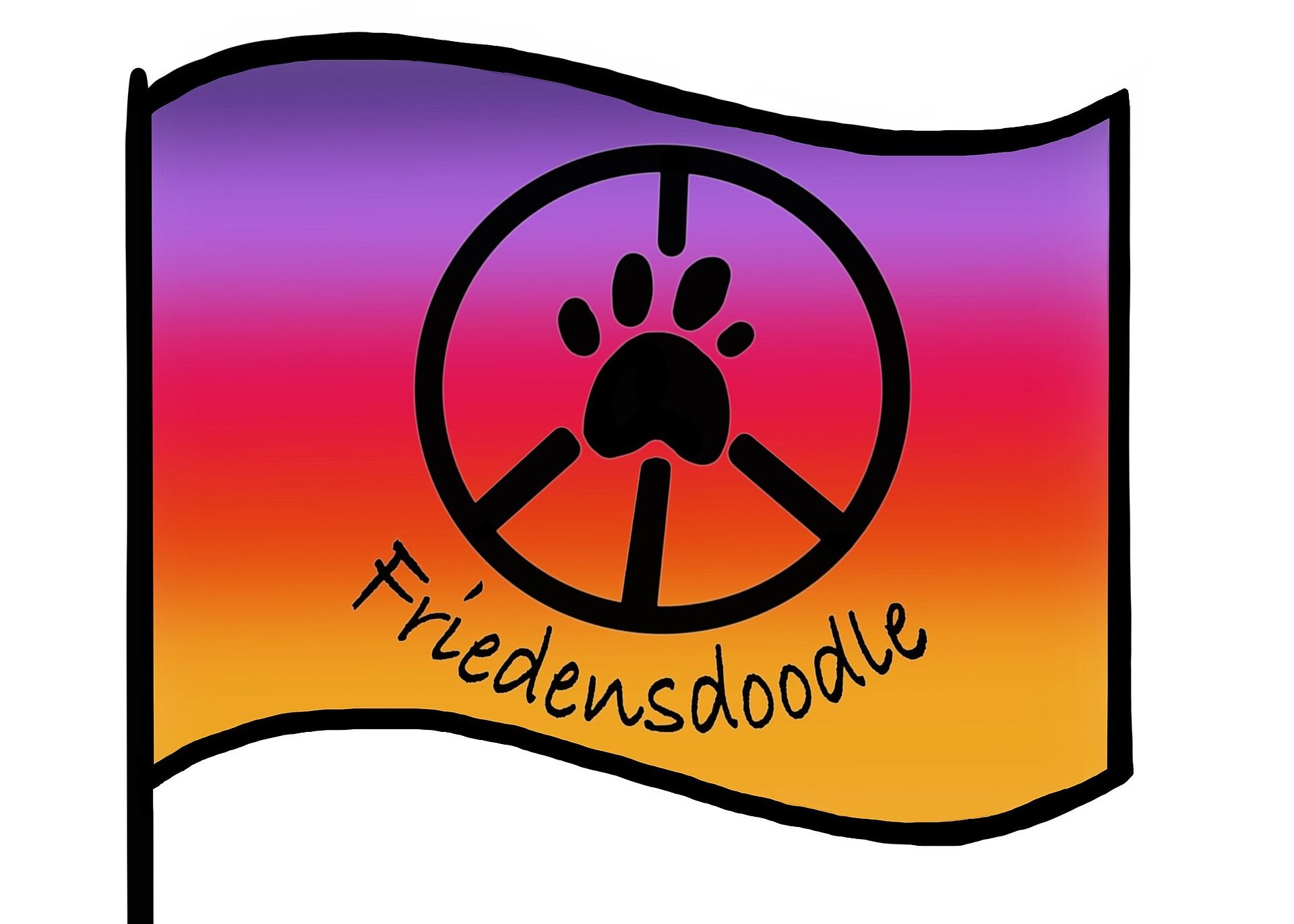 Bunte Fahne, im Zentrum kombiniertes Logo aus Hundepfote und Peace-Symbol.