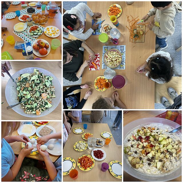 Bei dem Bild handelt es sich um eine Collage aus sechs kleineren Bildern. Auf diesen sieht man einen gedeckten Tisch mit viel Gemüse, Salate, sowie Kinder, die gemeinsam Essen zubereiten.