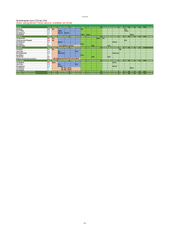 Das ist der Plan für die Belegung der Fächer in der Schülerhilfe.