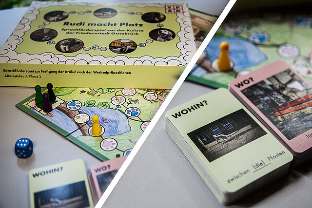 Geteiltes Bild, eine Hälfte Spielkarten, andere Hälfte Karton, Spielplan und Figuren.