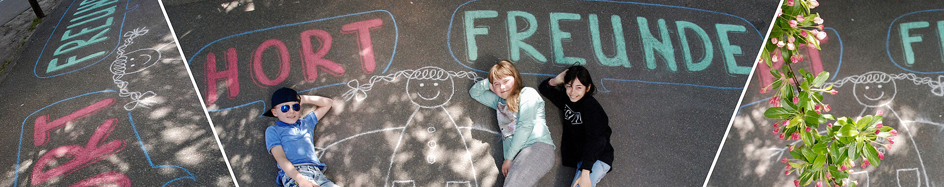 Drei neunjährige Kinder liegen auf dem Schulhof neben einem "Kreidemädchen" und schauen in die Kamera. Über den Kindern steht mit Kreide geschrieben - HORT FREUNDE.