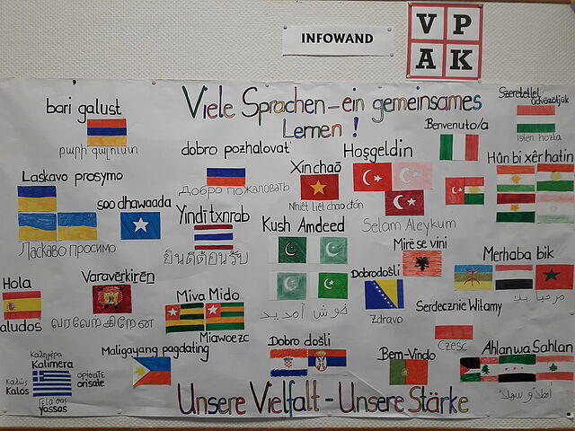 Ein buntes Plakat mit gemalten Fahnen vieler Länder und Willkommen in der Landessprache.