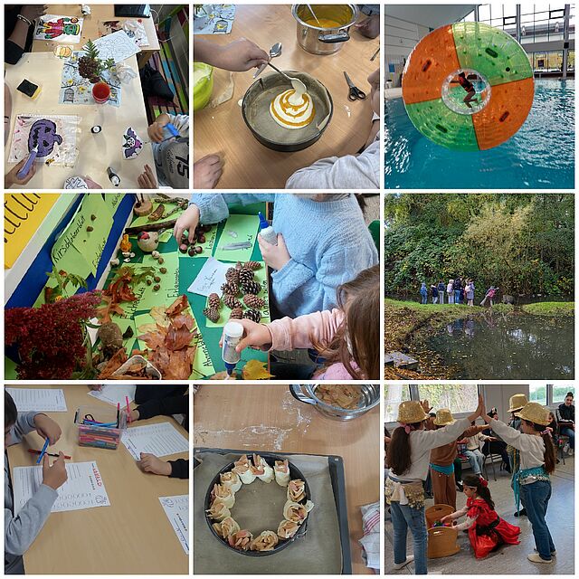 Das Bild ist eine Collage aus 7 kleineren Bildern. Auf den Bildern sieht man die Kinder verschiedenen Aktivitäten nachgehen, etwa beim Basteln, im Schwimmbad, beim Kochen und beim Theaterspielen.