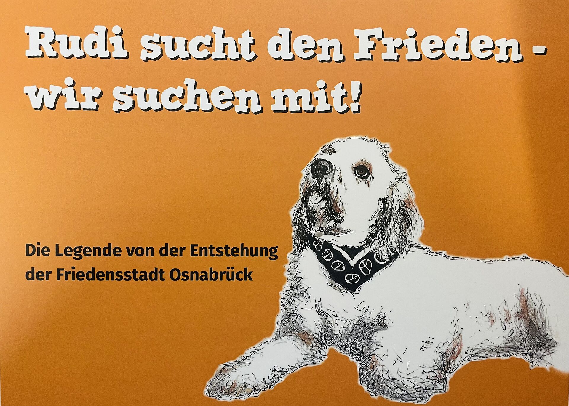 Buchcover, Hund Rudi liegt vor orangenem Hintergrund auf dem Boden und schaut interessiert.