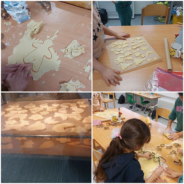 eine Collage aus vier Bildern: Kinder backen Kekse