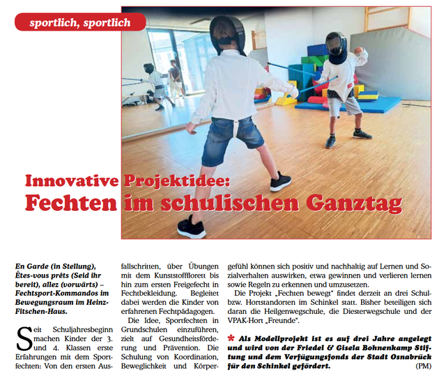 Scan eines Zeitungsartikels – auf dem Bild steht ein Kind in einer Fechtposition.