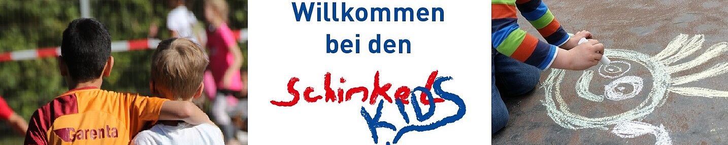 2 Hortkinder von hinten fotografiert, das Hortlogo, Kind malt ein lachendes Gesicht auf den Schulhof.