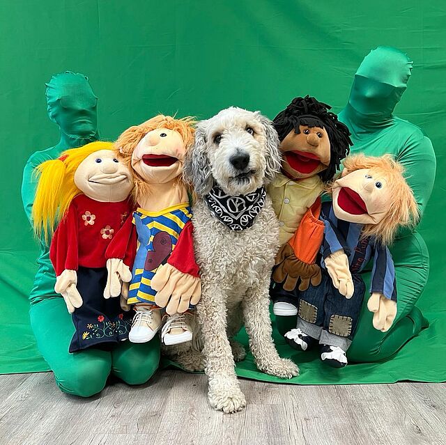 En Hund inmitten von bunten Handpuppen