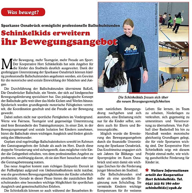 Das Bild zeigt einen Zeitungsartikel der Zeitschrift mein Schinkel. Es sind ein paar kleinere Bilder zu sehen, auf denen Kinder abgebildet sind, die mit Bällen spielen.
