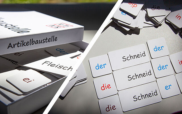 Spielekarton Artikelbaustelle sowie ausgelegte Spielkarten