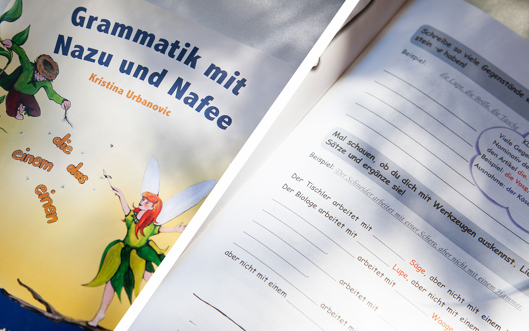 Arbeitsheft Nazu und Naffe liegt aufgeschlagen auf Tisch