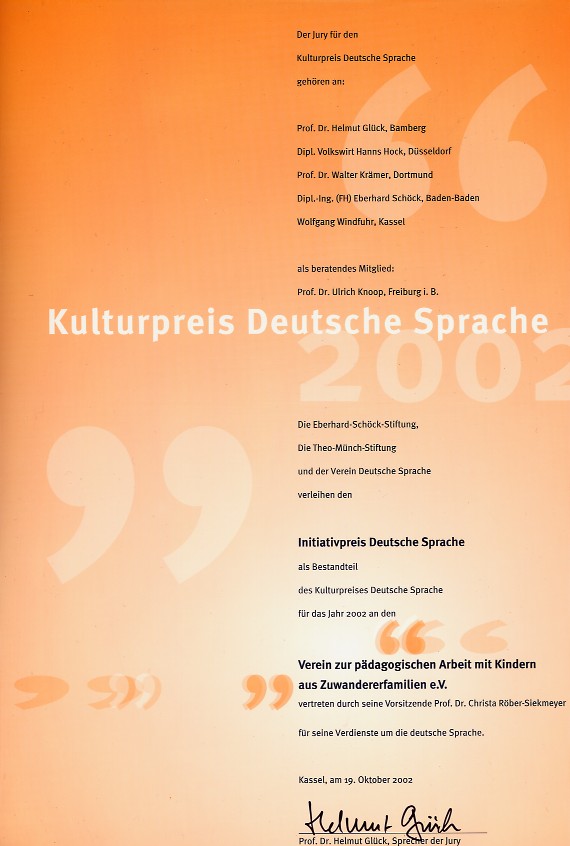 Urkunde zur Auszeichnung Initiativpreis Deutsche Sprache 2002