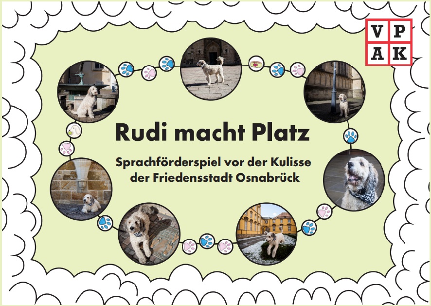 Spielkartoncover, mehrere runde Fotos von Hund Rudi, auf denen er Osnabrück erkundet.